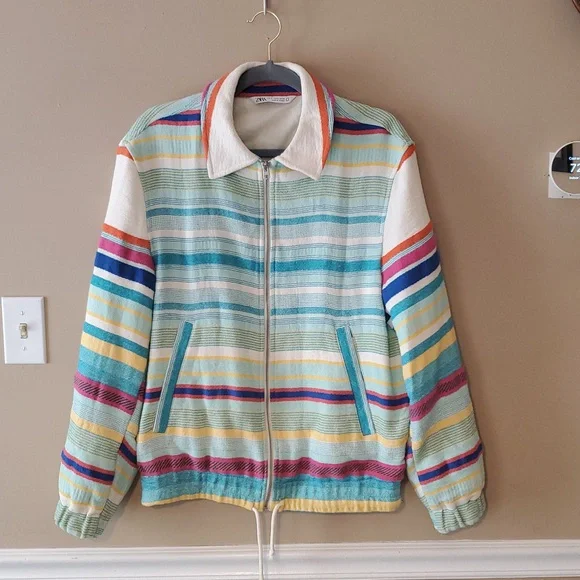 Zara Multicolored Rainbow Striped Zip Up Tapestry Jacket Size S NWOT'S